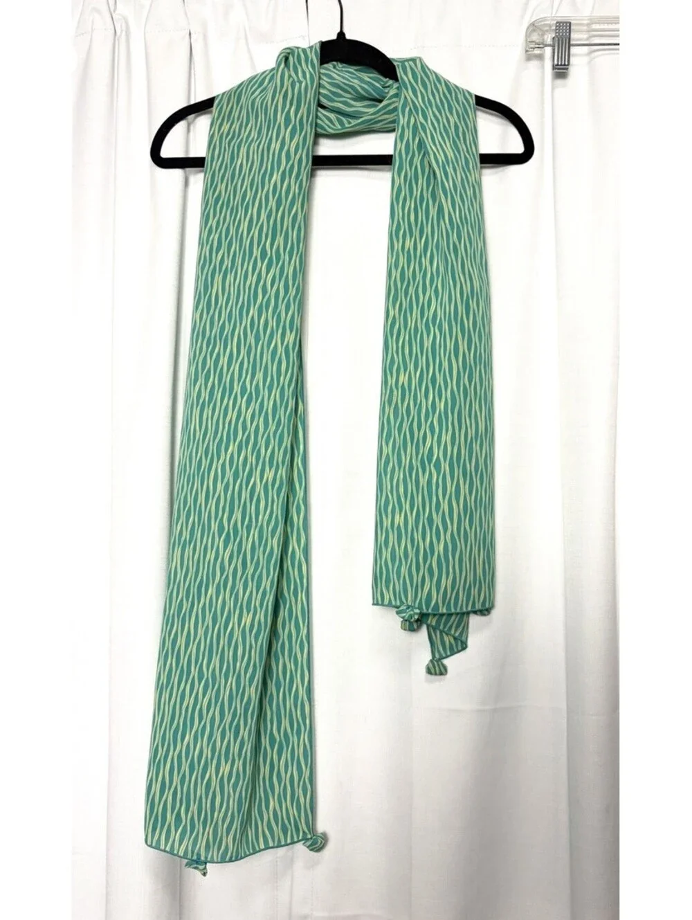 Vintage 1980s Ellen Raines Martin Blue Green Printed Notched Long Slinky Scarf